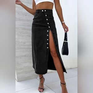 High-Rise Asymmetrical Button-Up Black Demim Front Slit Retro Jean Midi Skirt